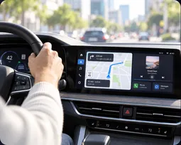 Navigation on a car dashboard screen with Android Auto
