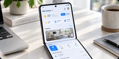 A foldable Android phone standing half open on a desk