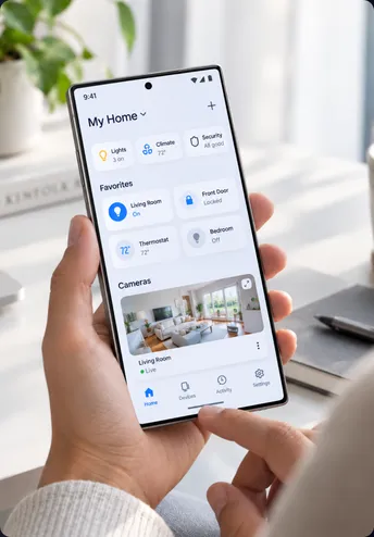 A hand holding an Android phone with a smart home app