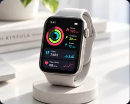 A smartwatch showing activity rings