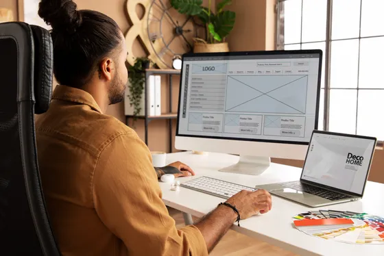 A designer working on app wireframes on a desktop monitor