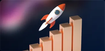 A rocket taking off above a rising bar chart