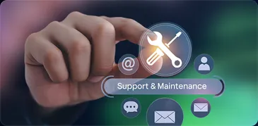 A hand touching a support and maintenance icon among message icons