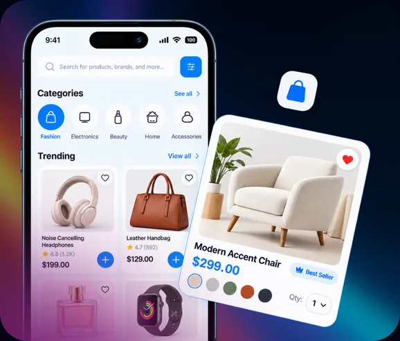 An ecommerce mobile app: categories, trending products and a product card