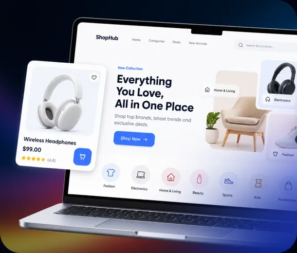 An ecommerce website on a laptop: hero banner, categories and a product card