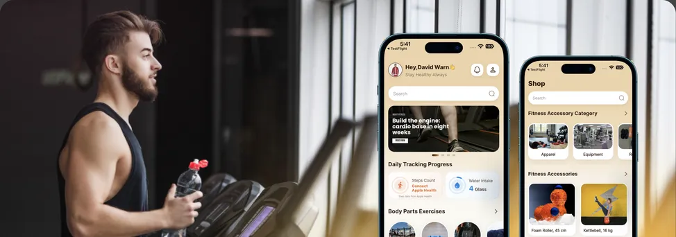 FitGrow fitness app screens in front of a man exercising in a gym