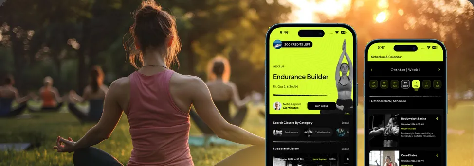 IndiFit class booking app screens in front of a woman at an outdoor fitness class