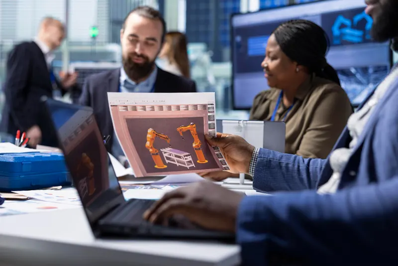 A team discussing financial charts on a laptop and large screens