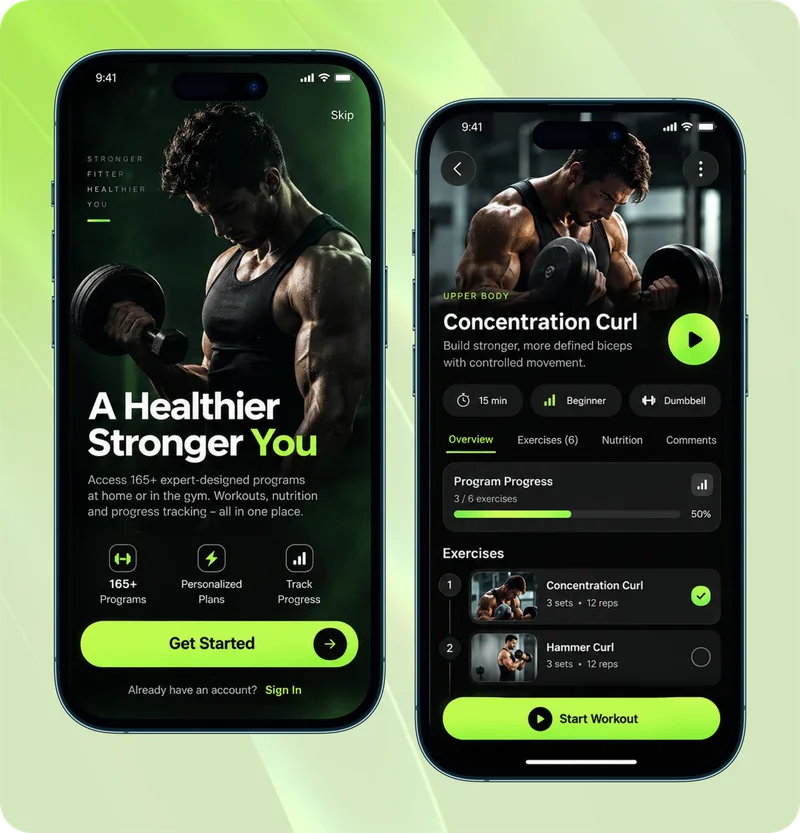 The customer fitness app: onboarding screen and a workout with its exercises