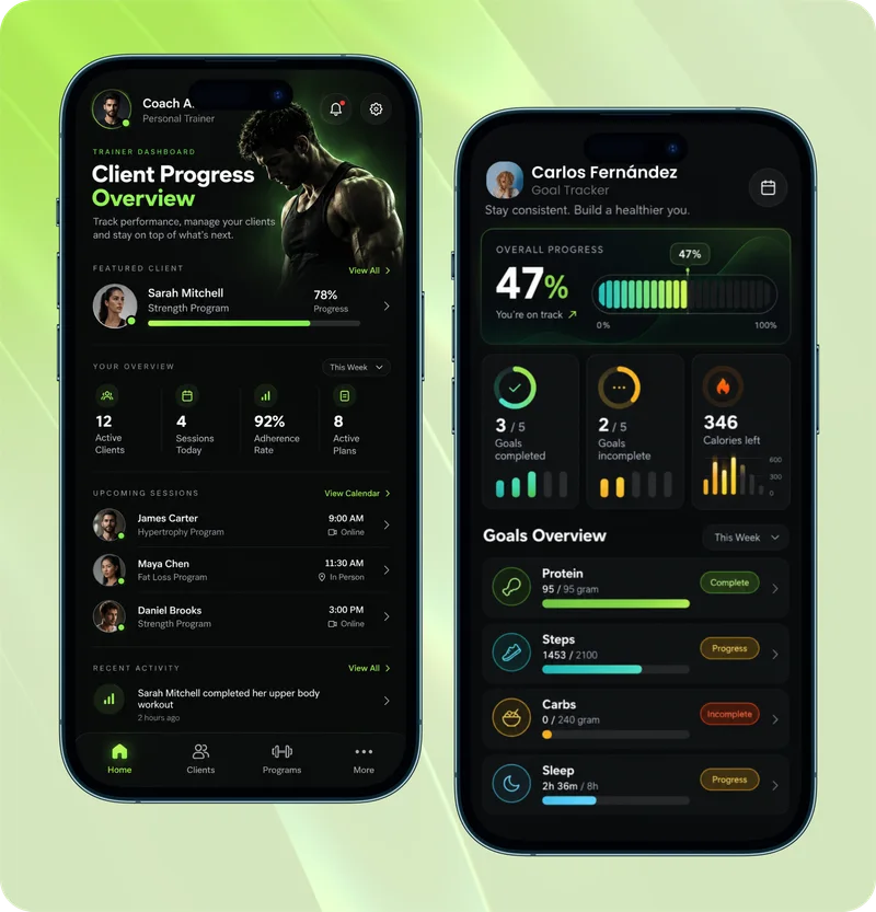 The fitness trainer app: client progress overview and a client's goal tracker