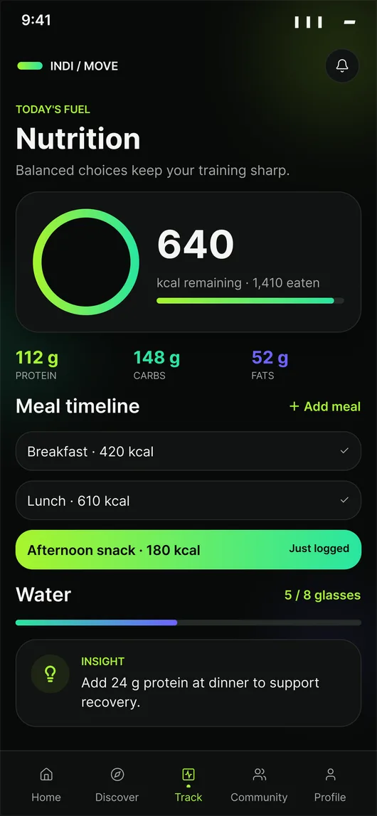 Nutrition screen with calories, macros and meal timeline