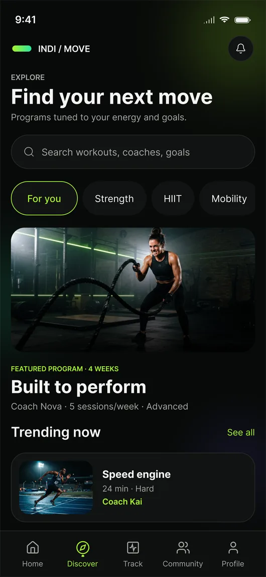 Explore screen with workout search and featured programs