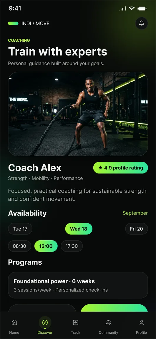 Coaching screen with trainer profile and availability