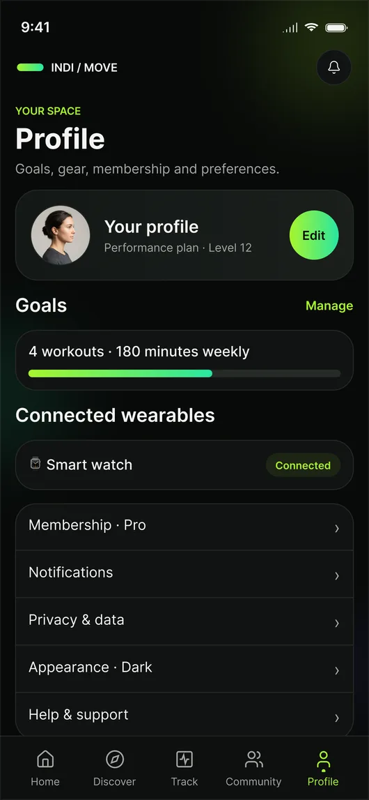 Profile screen with goals and connected wearables