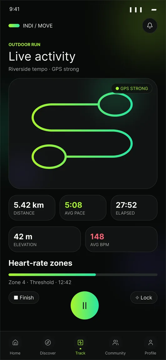 Outdoor run screen with live route and heart-rate zones