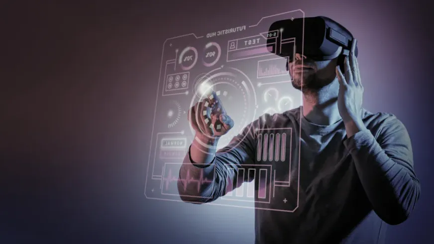 Man wearing a VR headset interacting with a futuristic interface