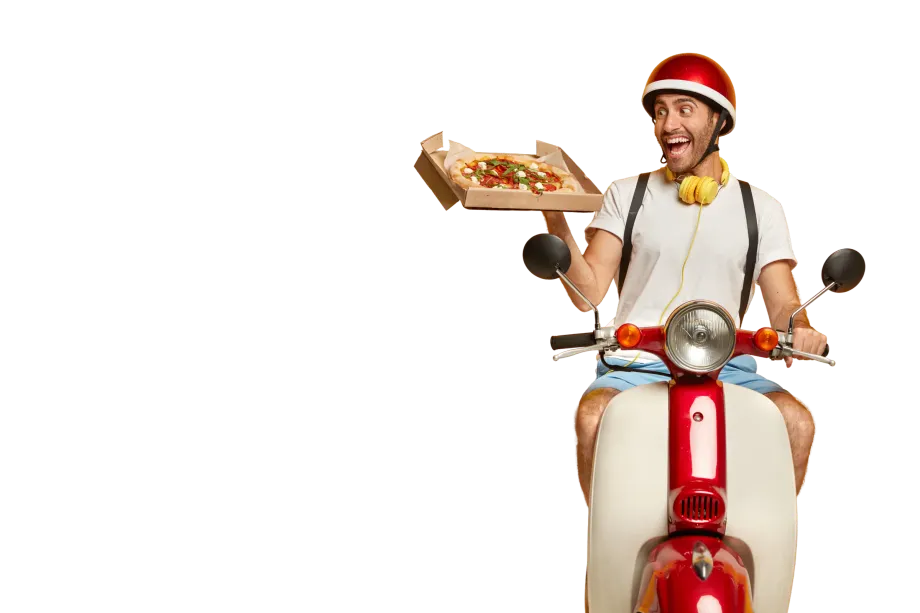 Smiling delivery rider on a red scooter holding a pizza
