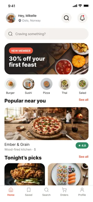 Food delivery app home screen