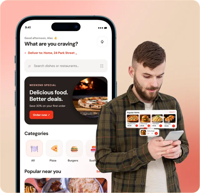 Customer food ordering app screens