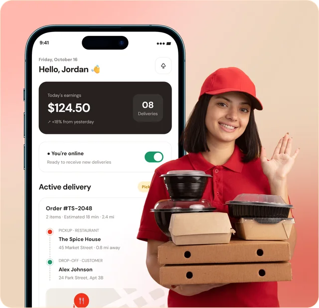 Delivery partner app showing today's earnings and the active delivery, next to a courier holding food orders