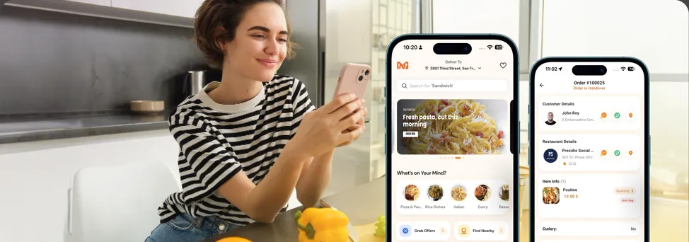 Mealway food delivery app screens in front of a woman enjoying a meal