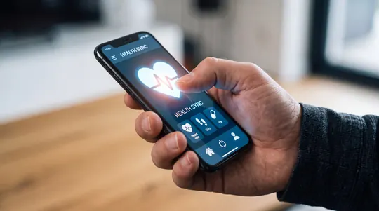A hand holding a phone with a health tracking app