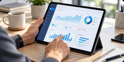 Hands using an analytics dashboard on an iPad