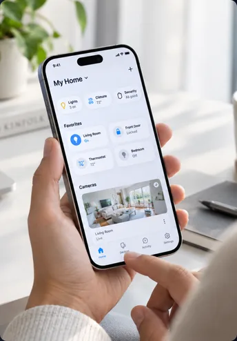A hand holding an iPhone with a smart home app