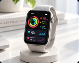 An Apple Watch showing activity and health stats