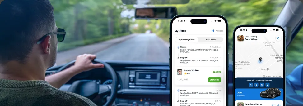 CrownRide ride-booking app screens in front of a driver at the wheel