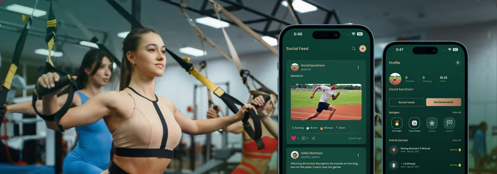 FitFit fitness app screens in front of a woman training with suspension straps