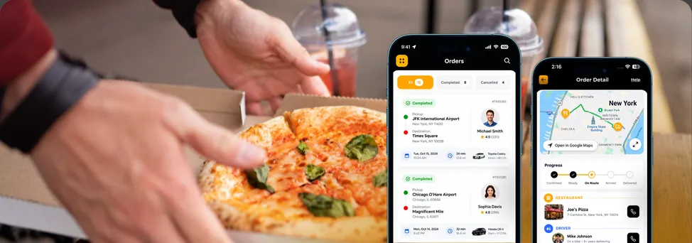 JustNow BDO airport delivery app screens beside a pizza being served