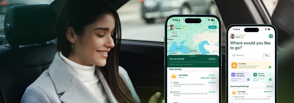 Rovio transport app screens with a map and booking flow, in front of a passenger in a car