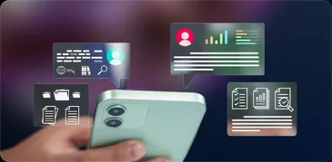 A hand holding an iPhone surrounded by business data panels