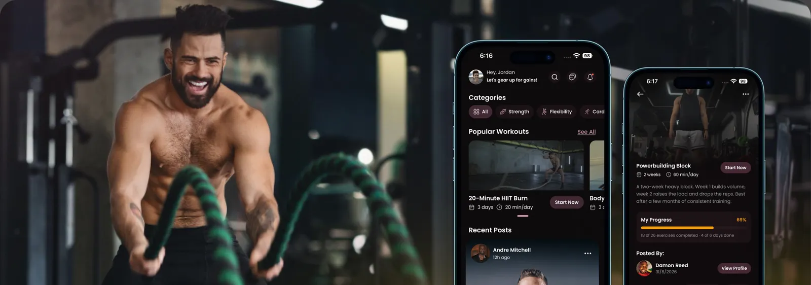 GymHive community fitness app: workout categories and a training plan over a gym photo