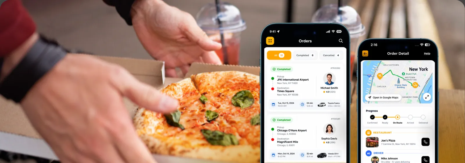 JustNow BDO airport delivery app: orders list and live order tracking map