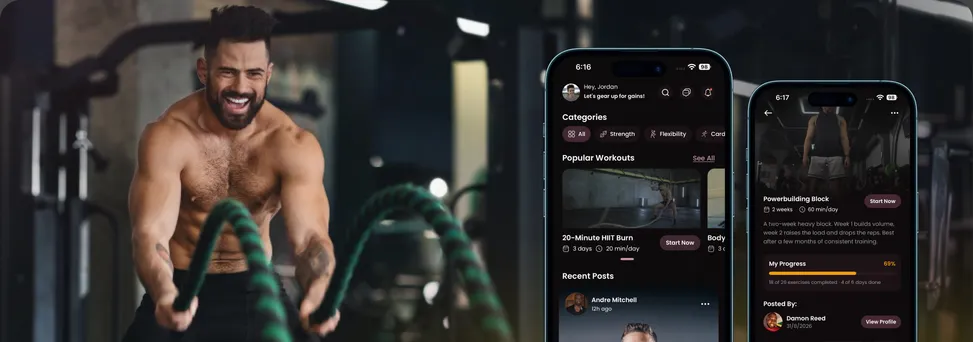 GymHive community fitness app screens in front of a man training with battle ropes