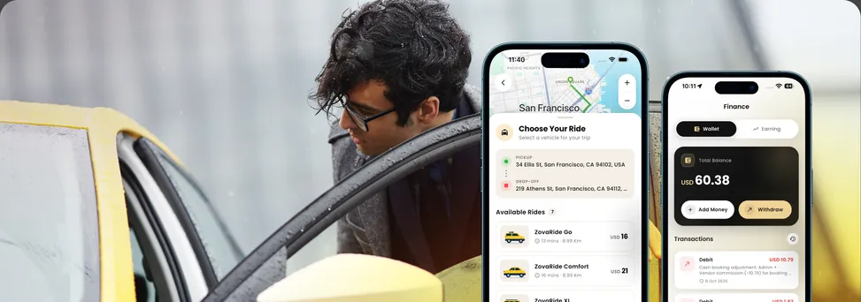 ZovaRide taxi and delivery app screens in front of a man stepping into a yellow taxi