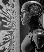 Humanoid robot facing a wall of code