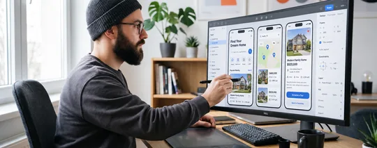 A designer planning a real estate app on a large monitor