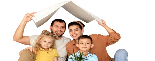 A family holding a model roof over their heads
