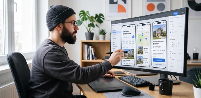 A designer working on a real estate app on a large monitor