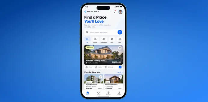 A real estate app home screen on a phone