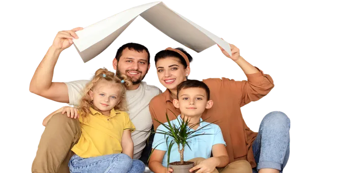 A family looking up at a model roof
