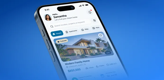 A real estate app on a tilted phone