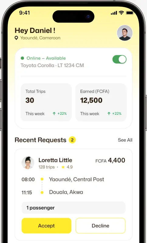 Driver home screen with trips and requests