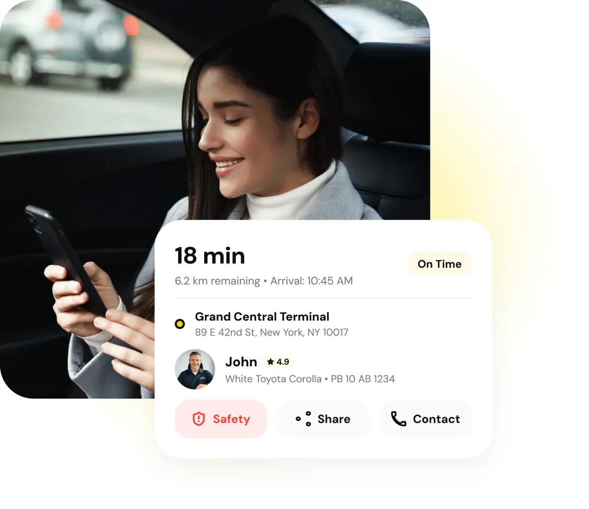 Rider tracking an arriving trip with driver details and safety controls