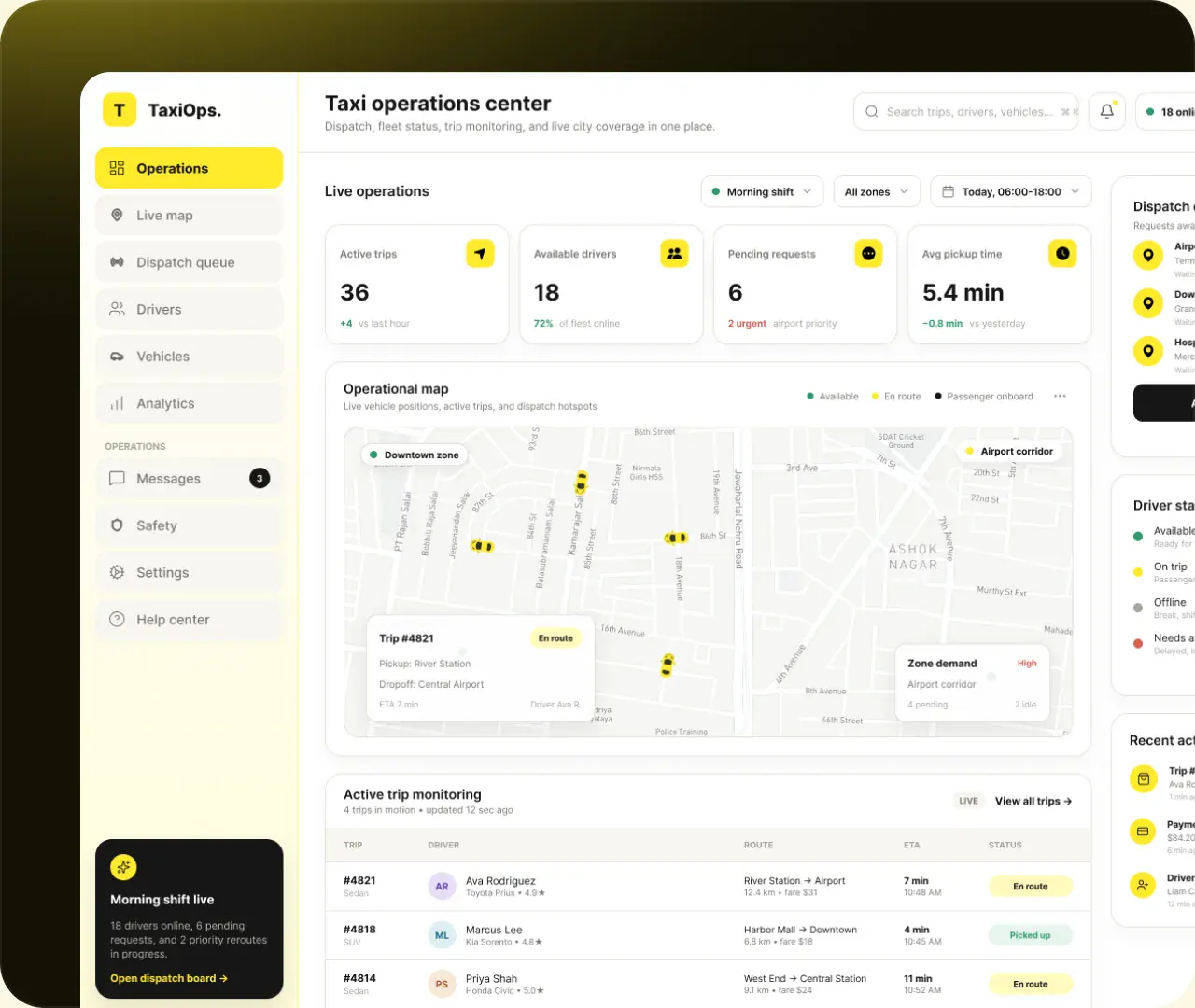 Taxi operations centre with live trips, drivers and dispatch queue