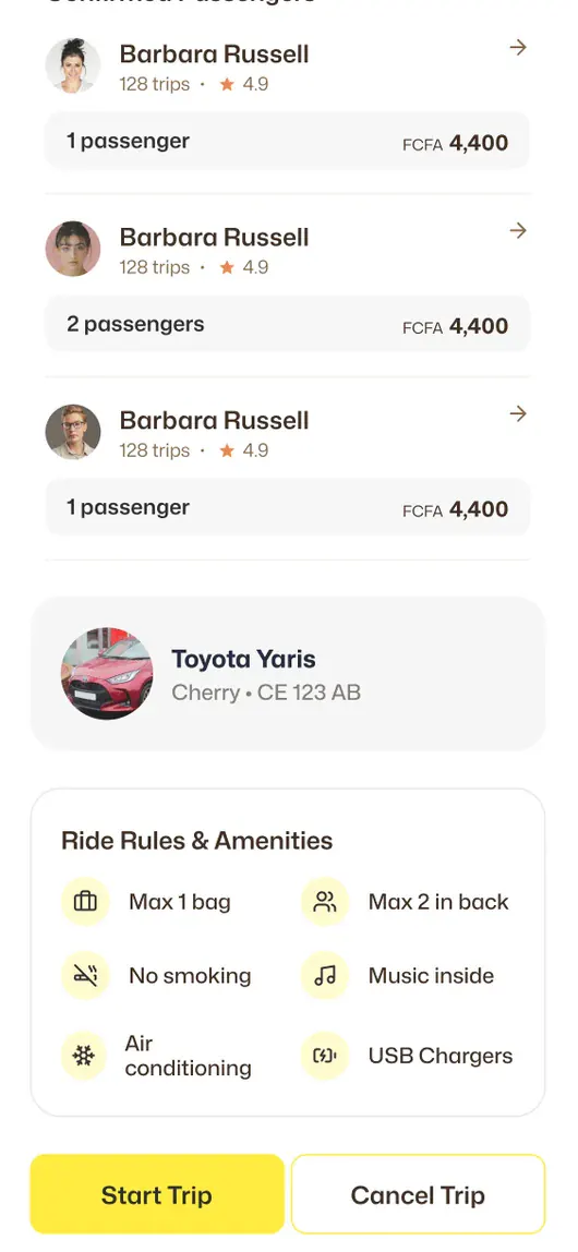 Ride rules and amenities screen