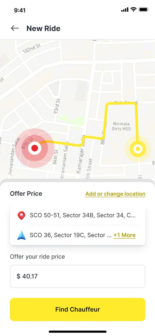New ride screen with route map and offer price